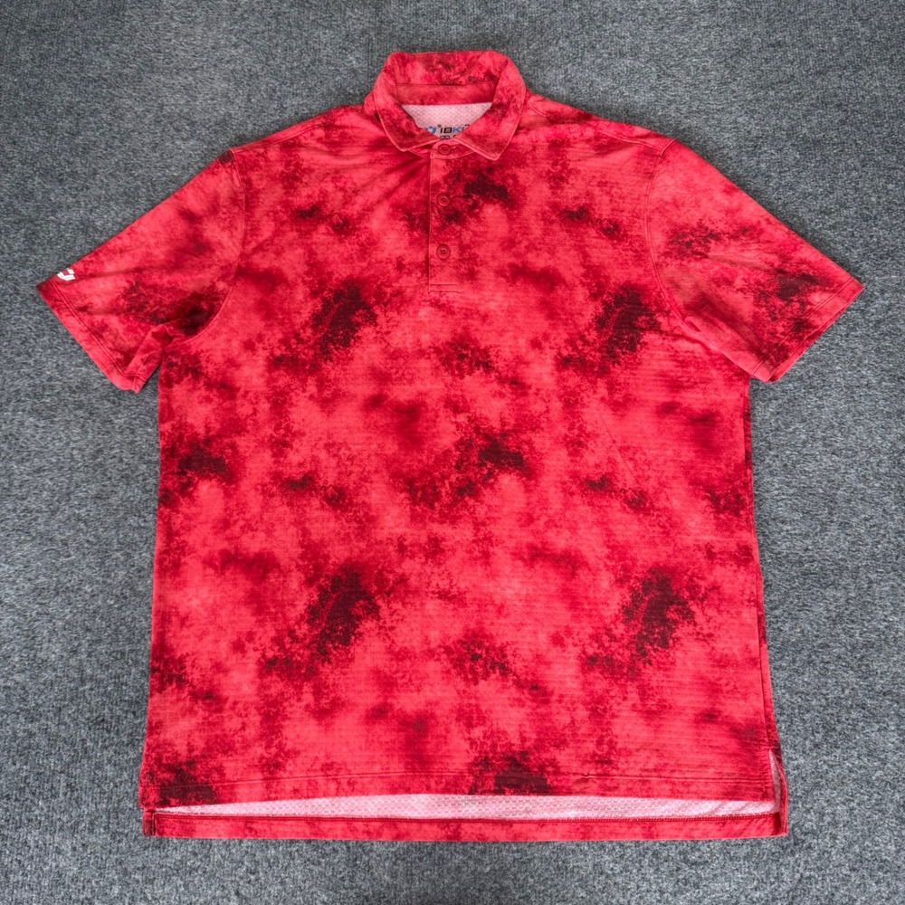 IBKUL Men Large Red Abstract Print Golf Polo Shirt Stretch Short Sleeve Athletic